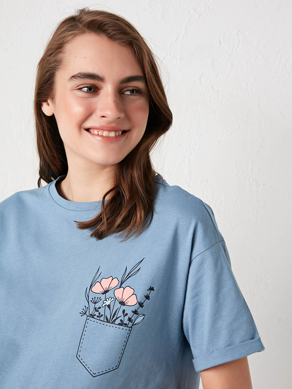 Mavi Bisiklet Yaka Baskılı Kısa Kollu Pamuklu Hamile Tişört-3