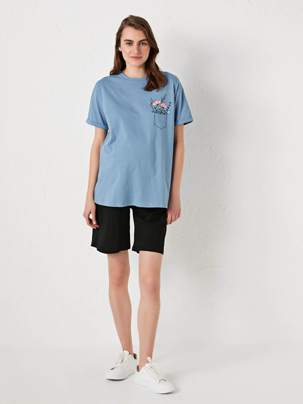 Mavi Bisiklet Yaka Baskılı Kısa Kollu Pamuklu Hamile Tişört-5