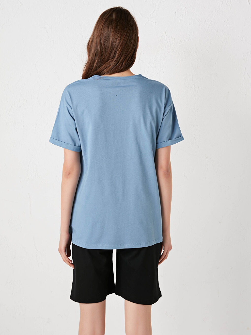 Mavi Bisiklet Yaka Baskılı Kısa Kollu Pamuklu Hamile Tişört-6