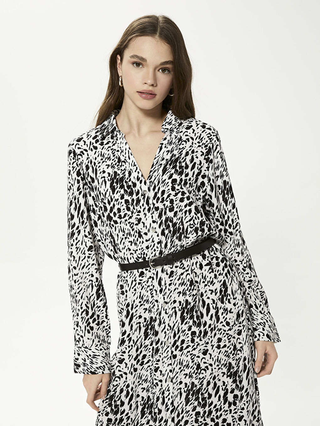 Ekru Gömlek Yaka Beli Kemerli Uzun Kollu Maroken Kadın Elbise-2