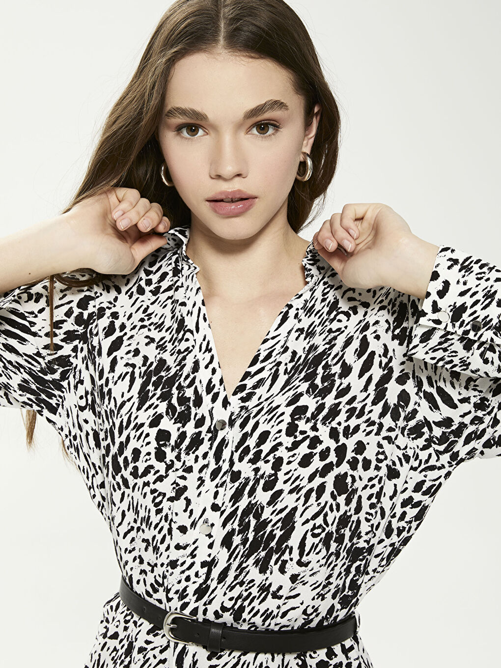 Ekru Gömlek Yaka Beli Kemerli Uzun Kollu Maroken Kadın Elbise-3