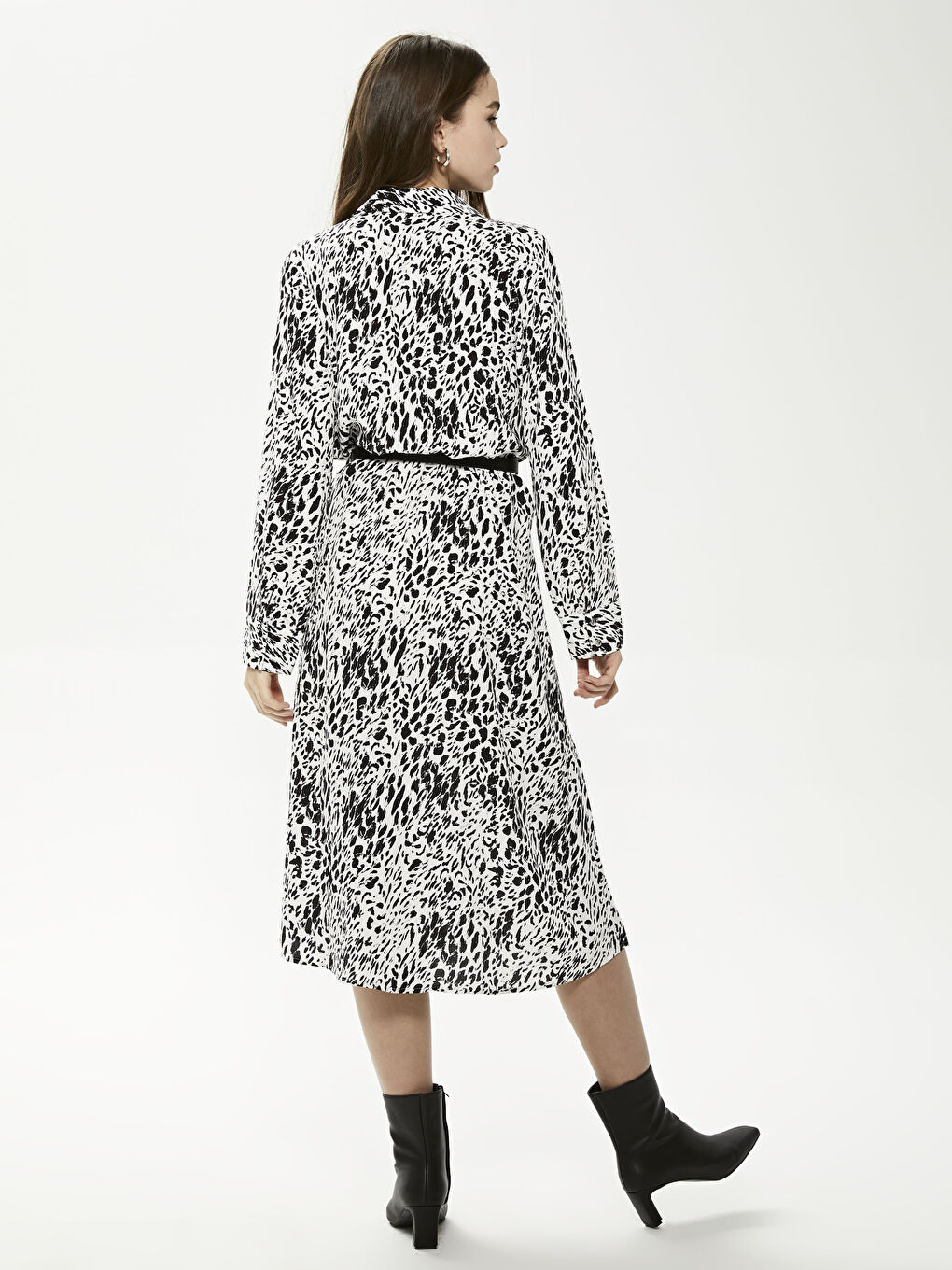 Ekru Gömlek Yaka Beli Kemerli Uzun Kollu Maroken Kadın Elbise-4