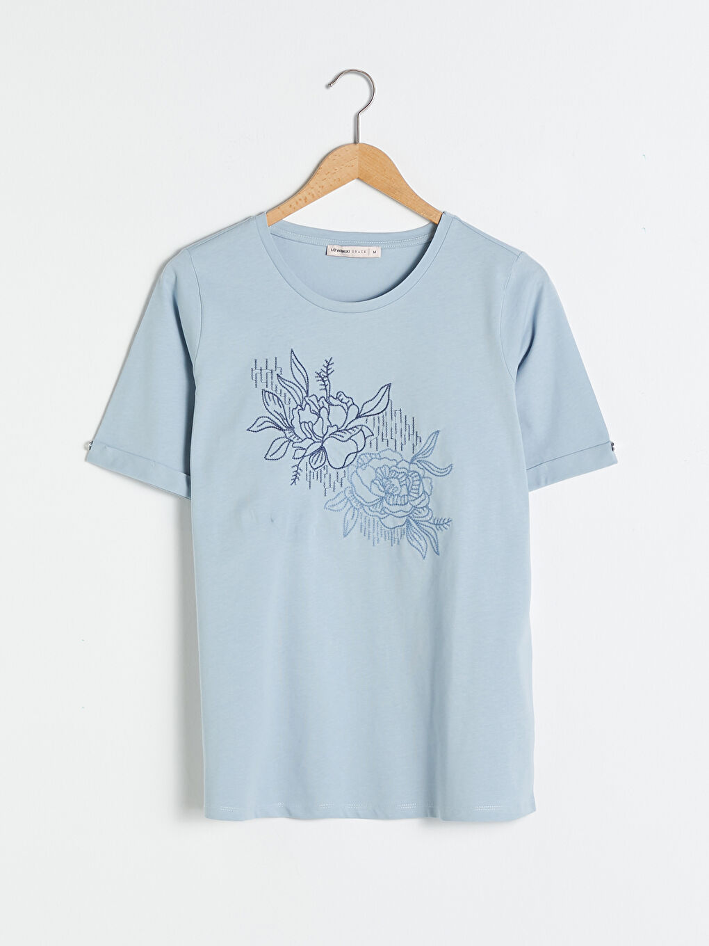 Mavi Bisiklet Yaka Nakışlı Kısa Kollu Pamuklu Kadın Bluz-5