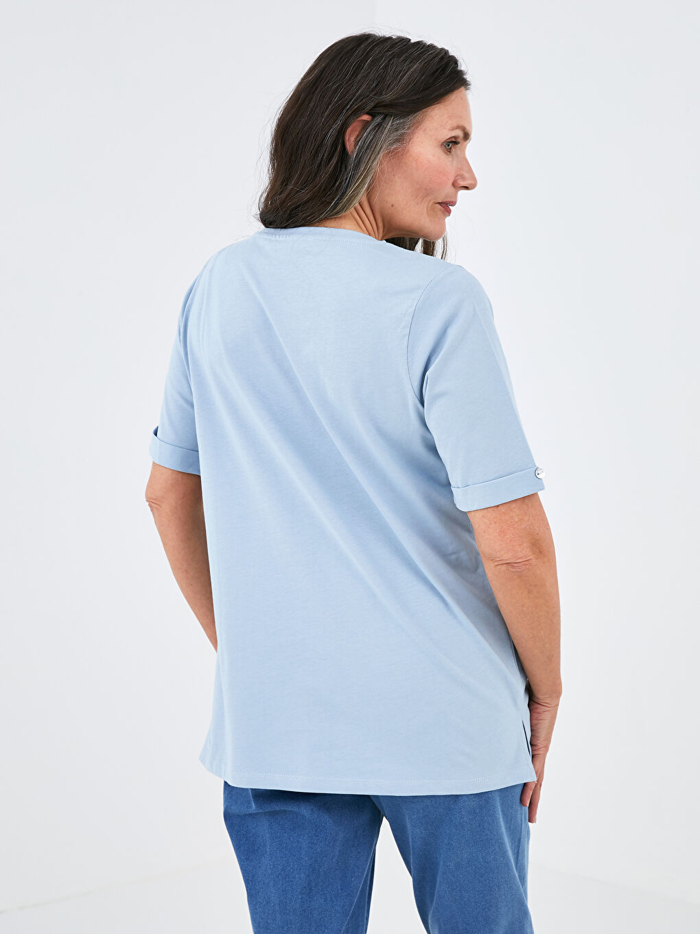 Mavi Bisiklet Yaka Nakışlı Kısa Kollu Pamuklu Kadın Bluz-3