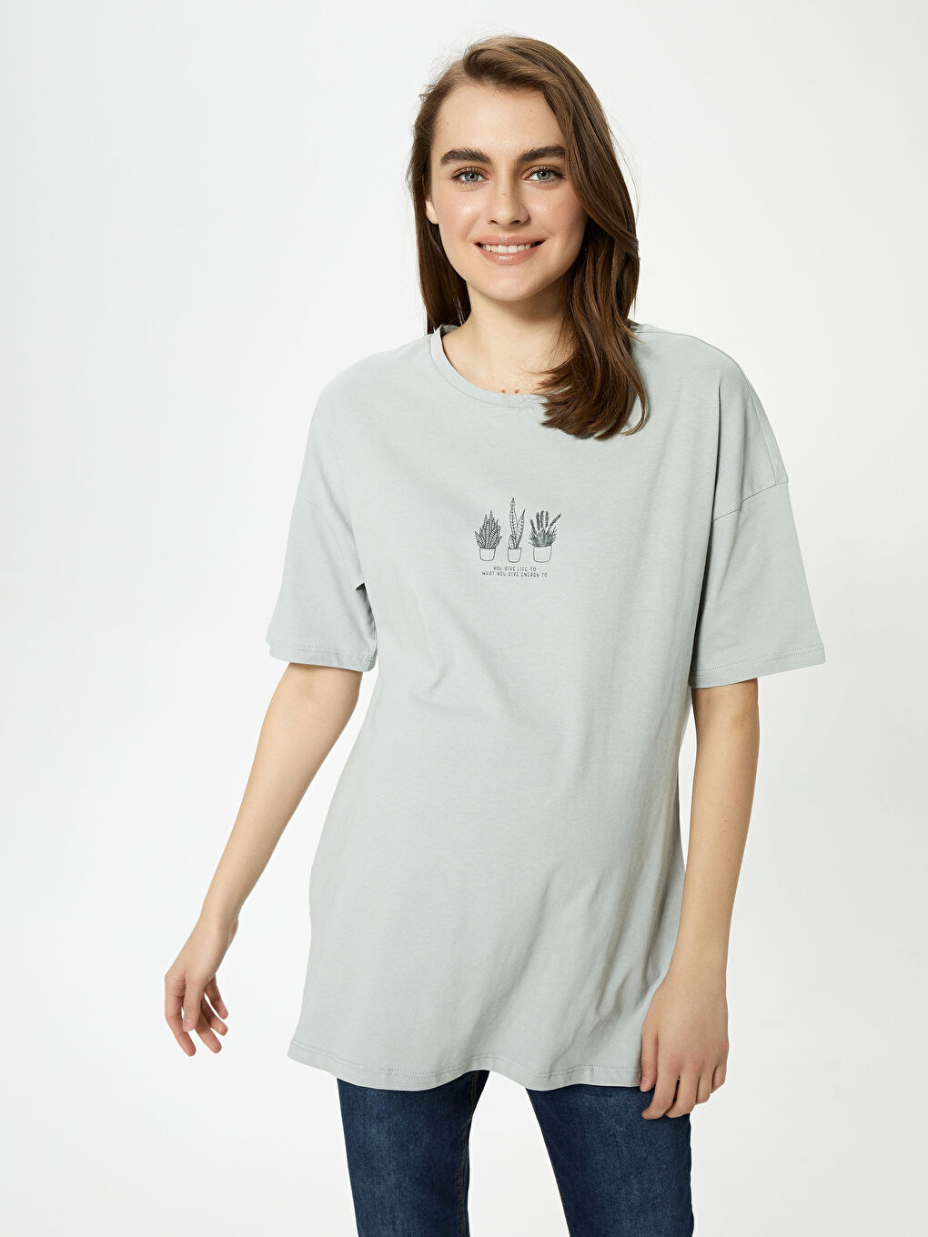 Gri Bisiklet Yaka Baskılı Kısa Kollu Pamuklu Hamile Tişört