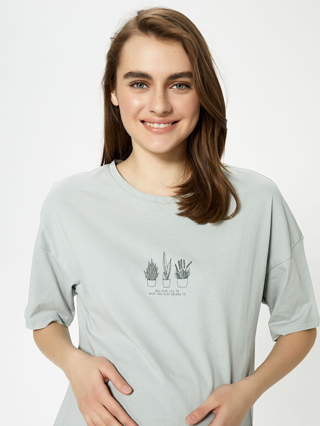 Gri Bisiklet Yaka Baskılı Kısa Kollu Pamuklu Hamile Tişört-1