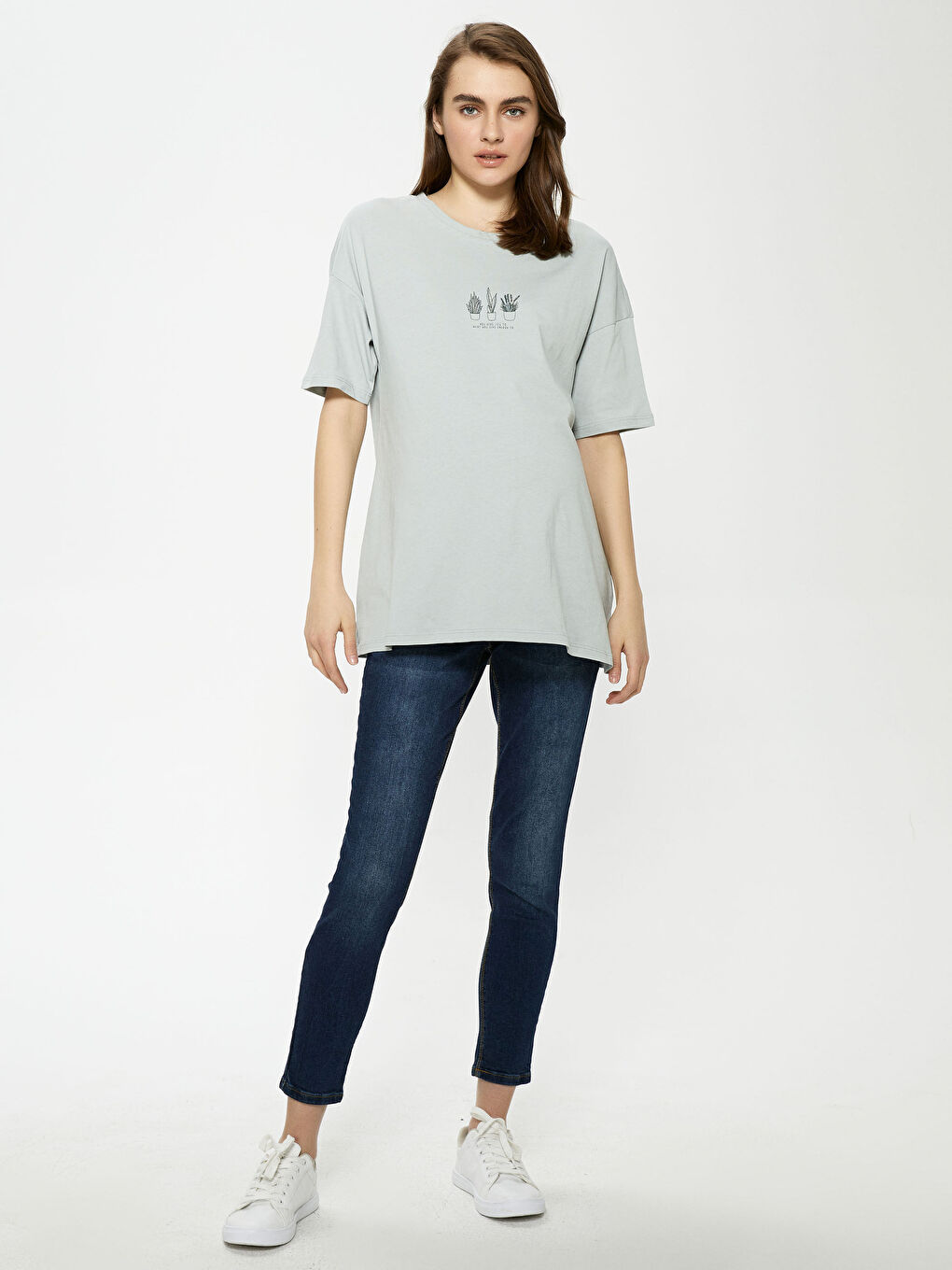 Gri Bisiklet Yaka Baskılı Kısa Kollu Pamuklu Hamile Tişört-3