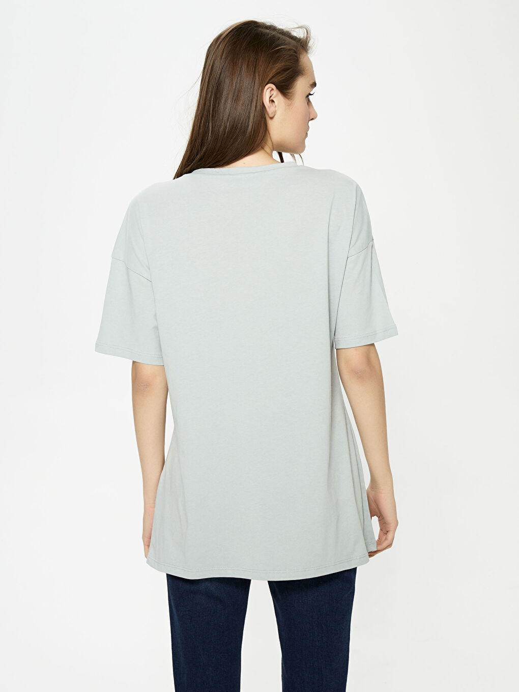 Gri Bisiklet Yaka Baskılı Kısa Kollu Pamuklu Hamile Tişört-4