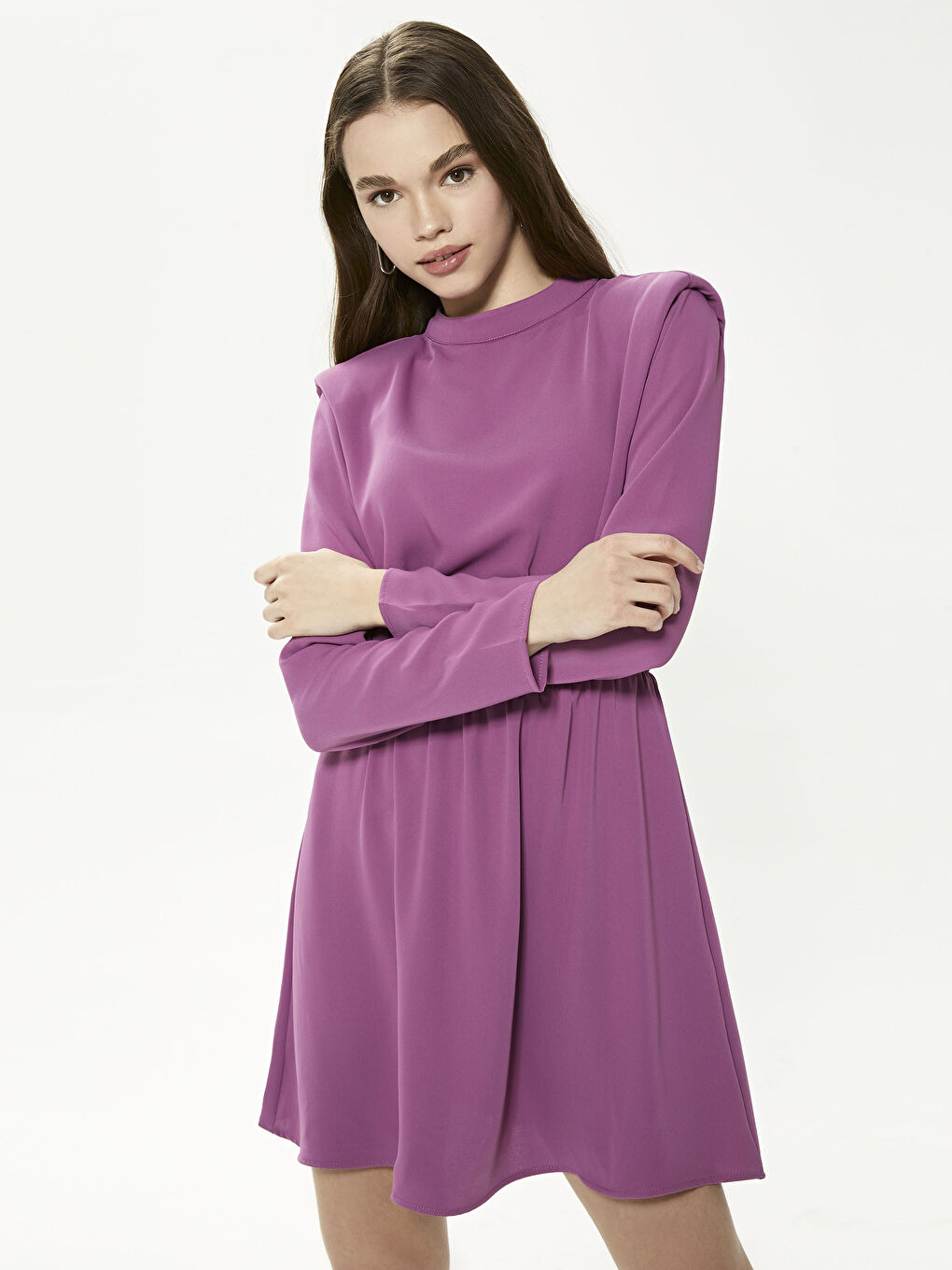 Crew Neck Ruffle Long Sleeve Maroon Women's Dress -S1GC00Z8-HBN