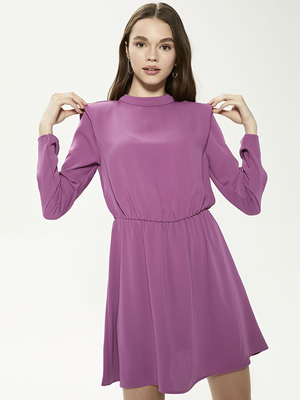 Crew Neck Ruffle Long Sleeve Maroon Women's Dress -S1GC00Z8-HBN