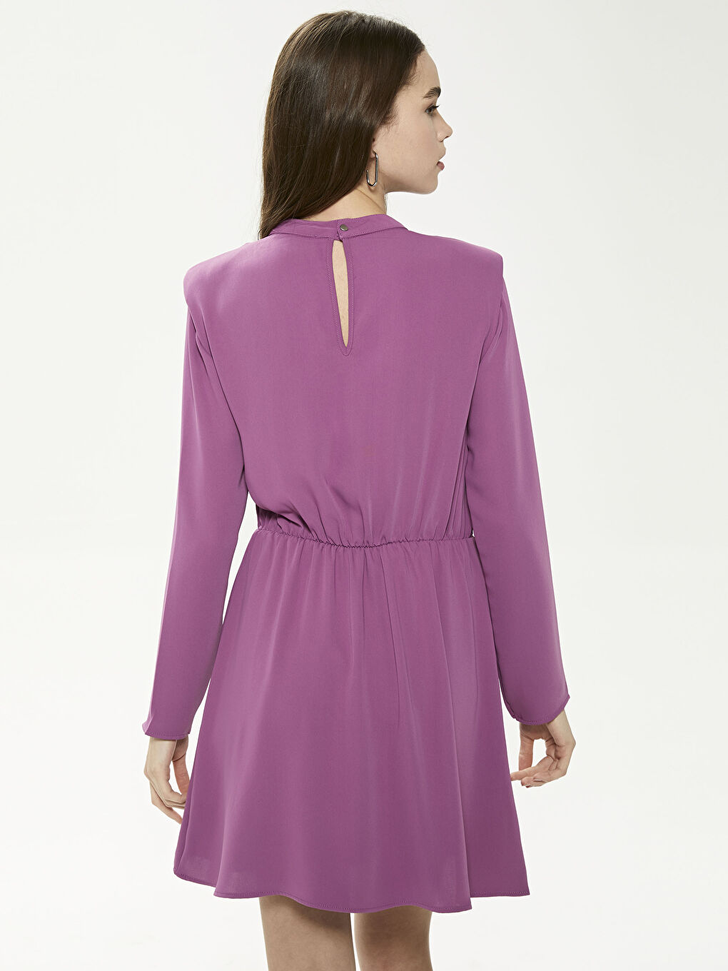 Crew Neck Ruffle Long Sleeve Maroon Women's Dress -S1GC00Z8-HBN