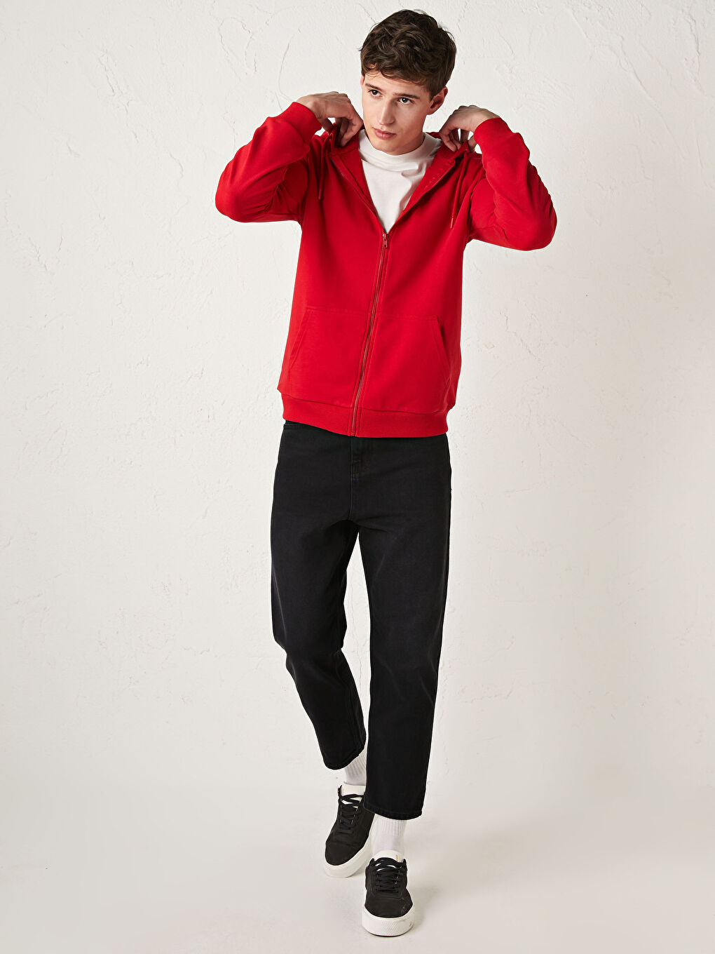 Kırmızı Kapüşonlu Fermuarlı Erkek Sweatshirt-2