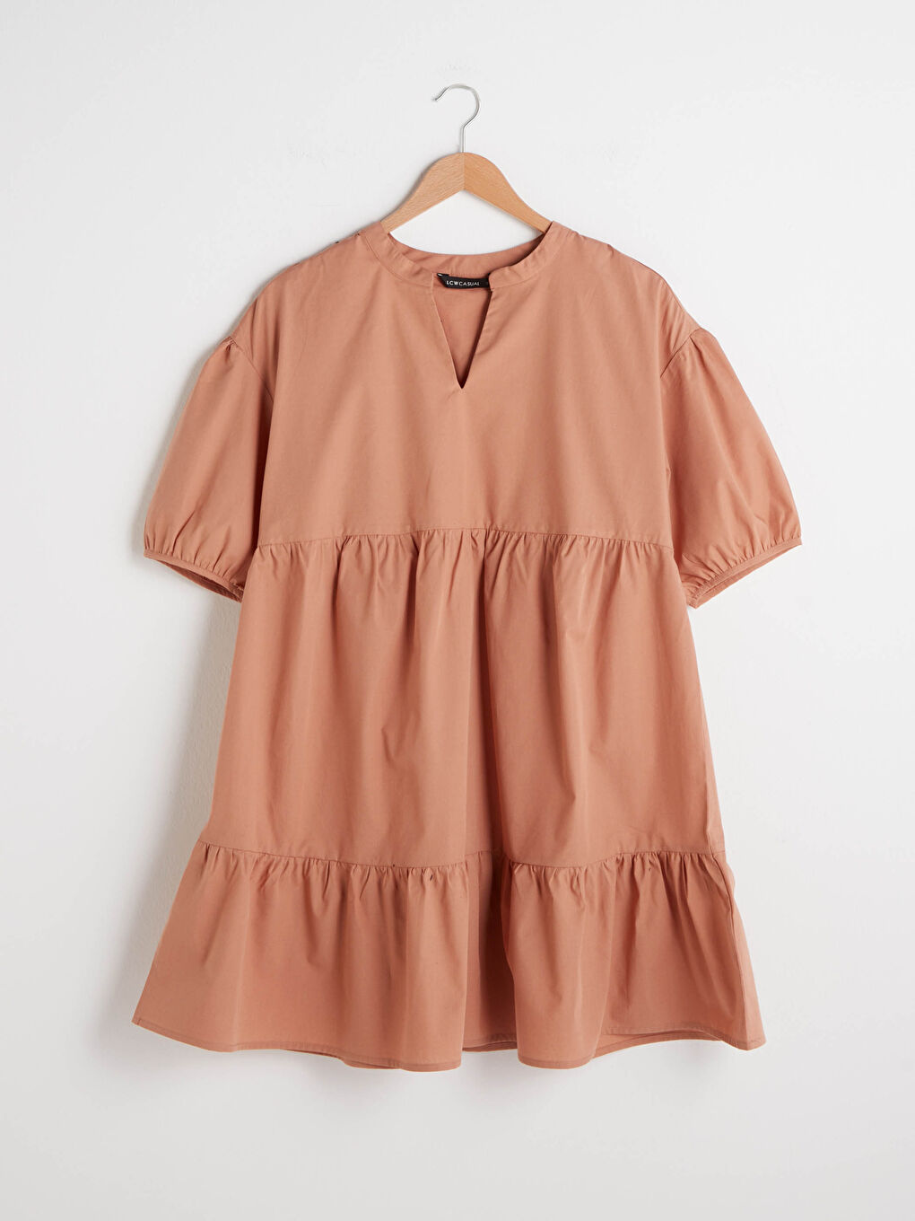 Kahverengi V Yaka Fırfır Detaylı Kısa Kollu Poplin Kadın Elbise-7