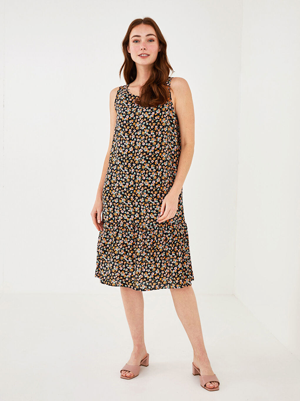 Crew Neck Patterned A-Cut Viscose Women's Dress-2