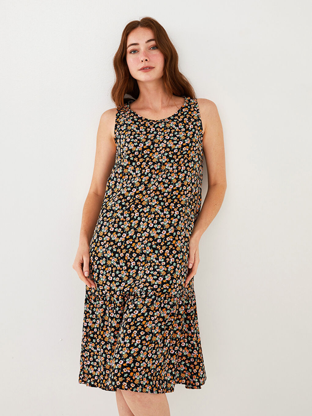 Crew Neck Patterned A-Cut Viscose Women's Dress-3