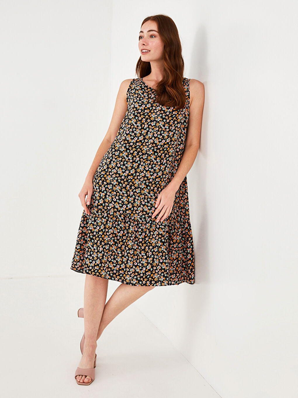 Crew Neck Patterned A-Cut Viscose Women's Dress