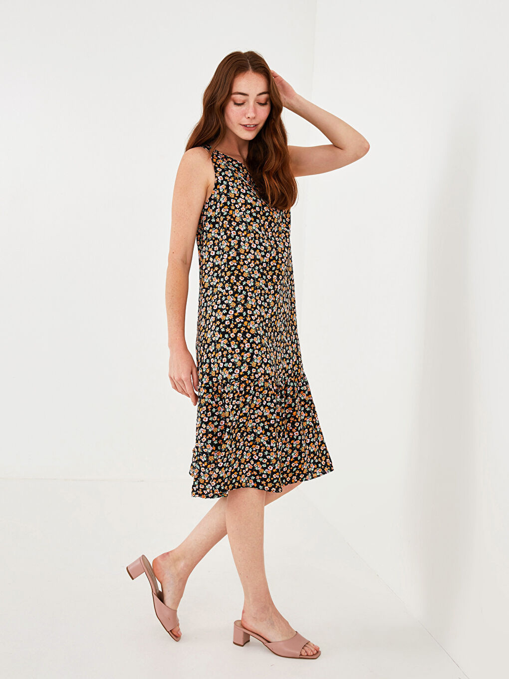 Crew Neck Patterned A-Cut Viscose Women's Dress-1