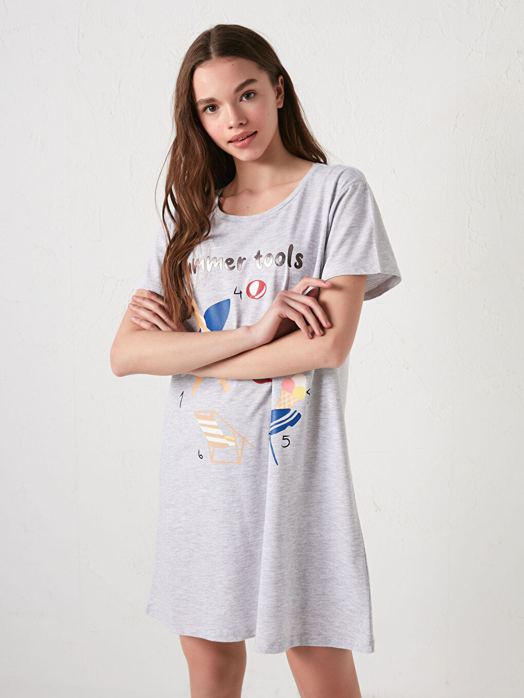 Crew Neck Printed Short Sleeve Women's Nightdress-1
