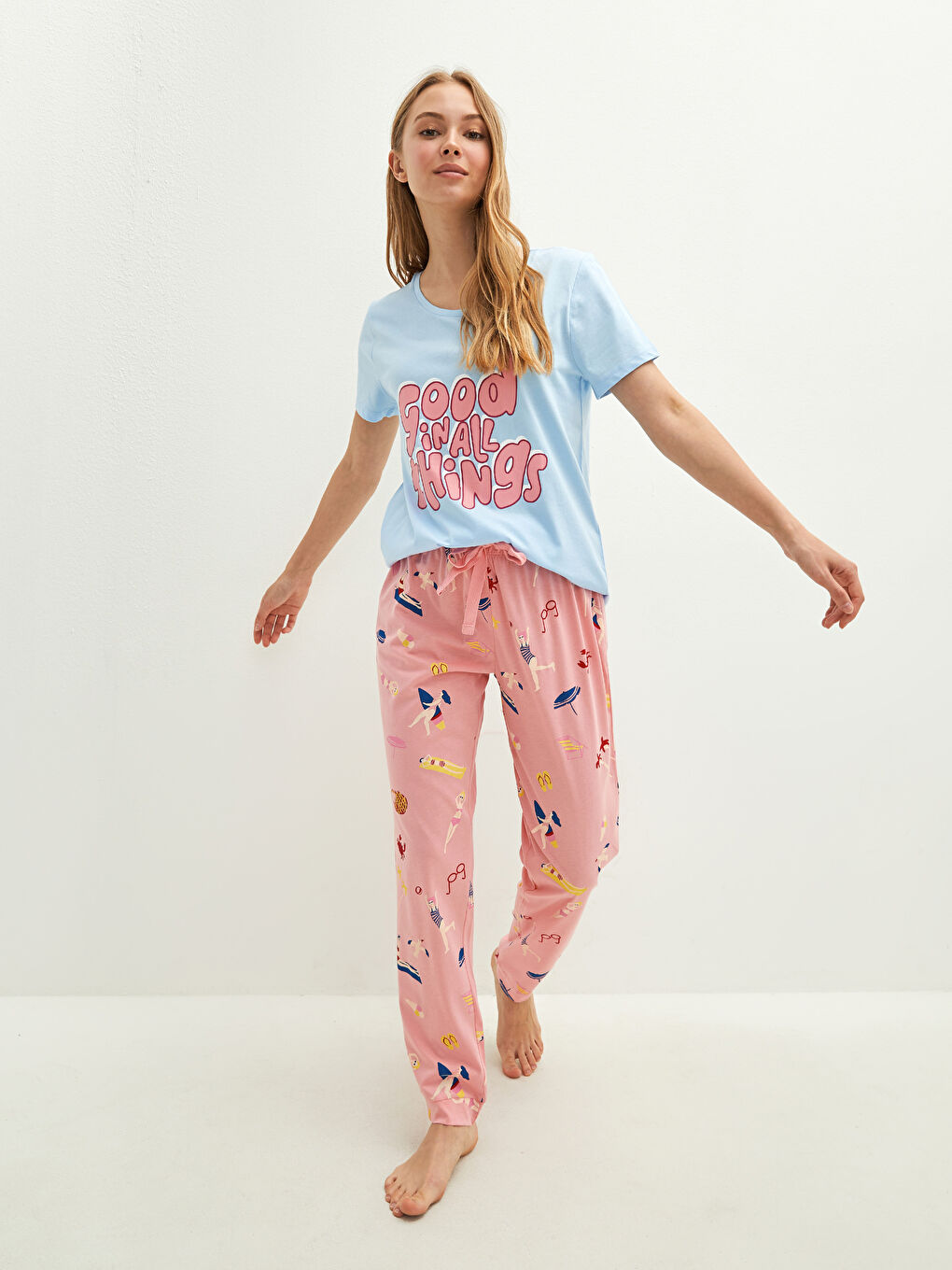 Crew Neck Printed Short Sleeve Cotton Women's Pajama Set