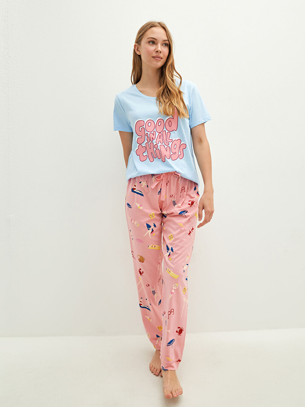 Crew Neck Printed Short Sleeve Cotton Women's Pajama Set-1