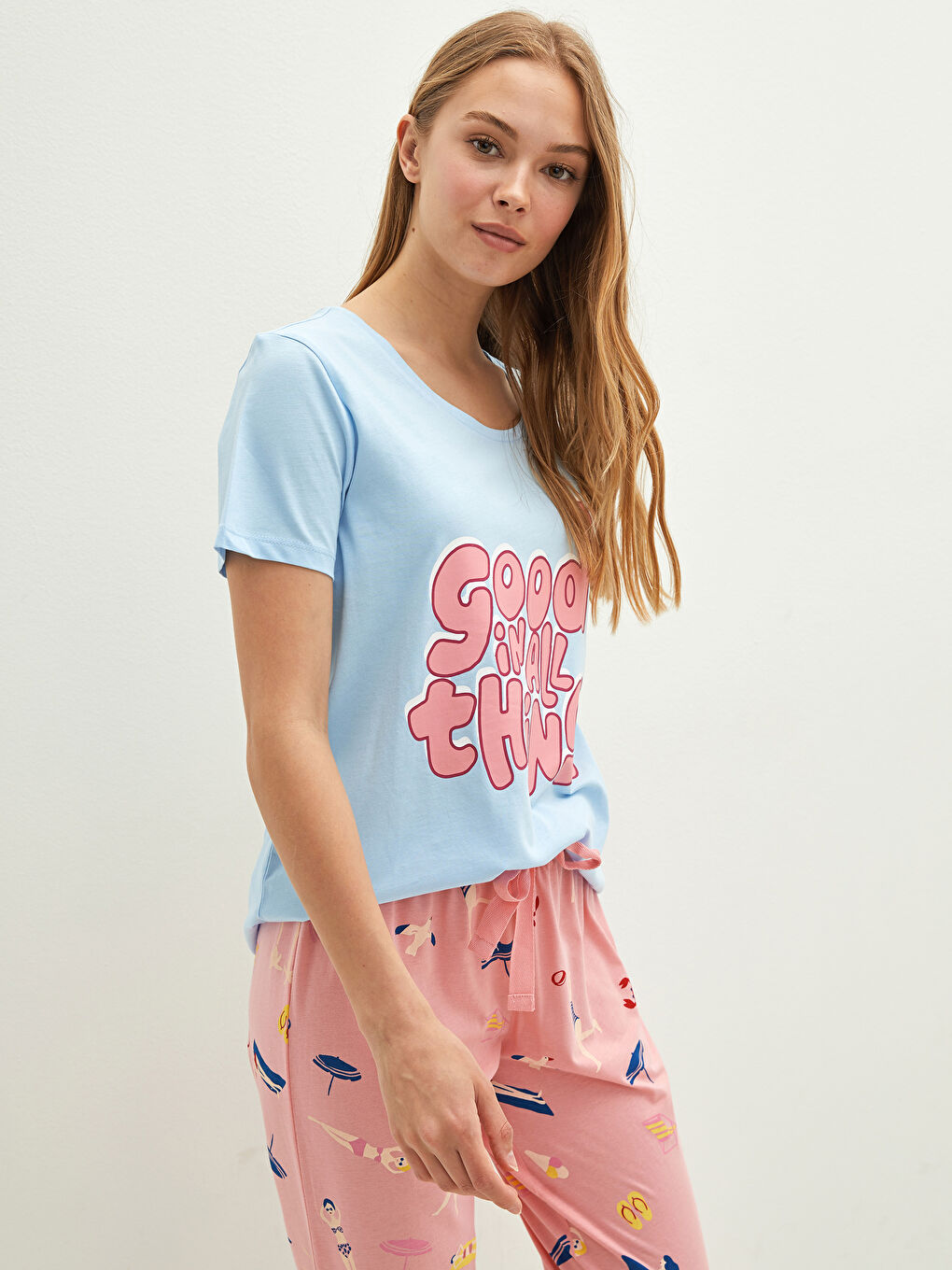 Crew Neck Printed Short Sleeve Cotton Women's Pajama Set-2