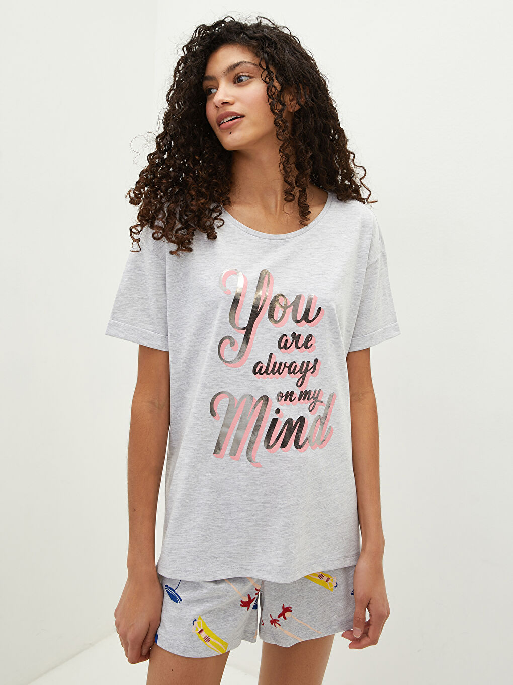 Crew Neck Printed Short Sleeve Women's Pyjama Set-1