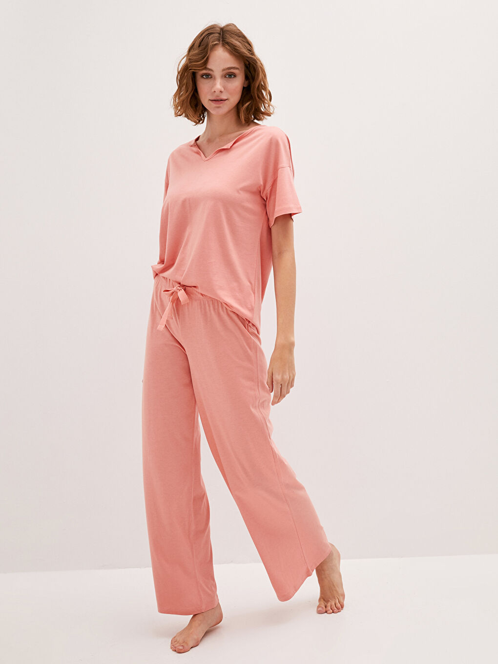 Notch Neck Plain Short Sleeve Women's Pyjama Set