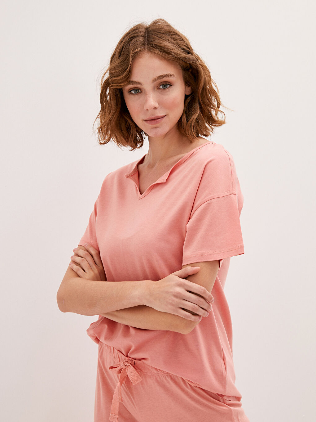 Notch Neck Plain Short Sleeve Women's Pyjama Set-2