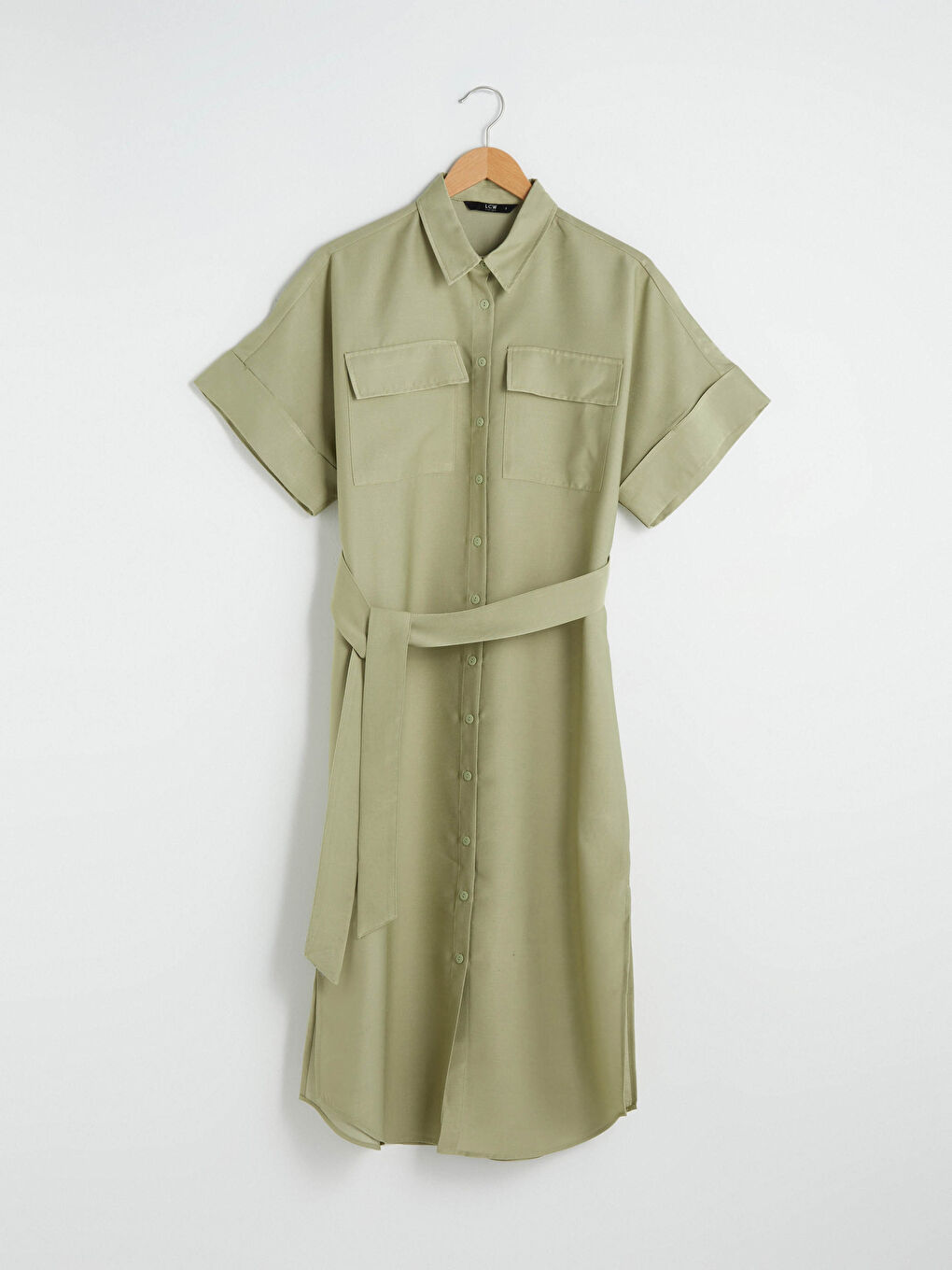 Shirt Collar Waist Belted Short Sleeve Women Dress-5