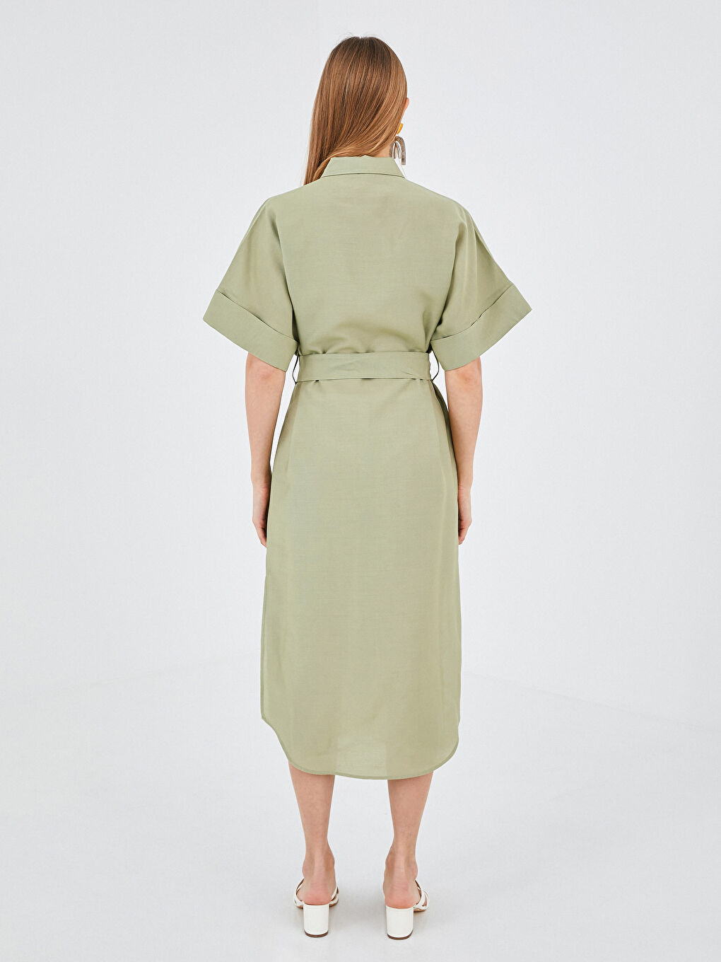 Shirt Collar Waist Belted Short Sleeve Women Dress-3