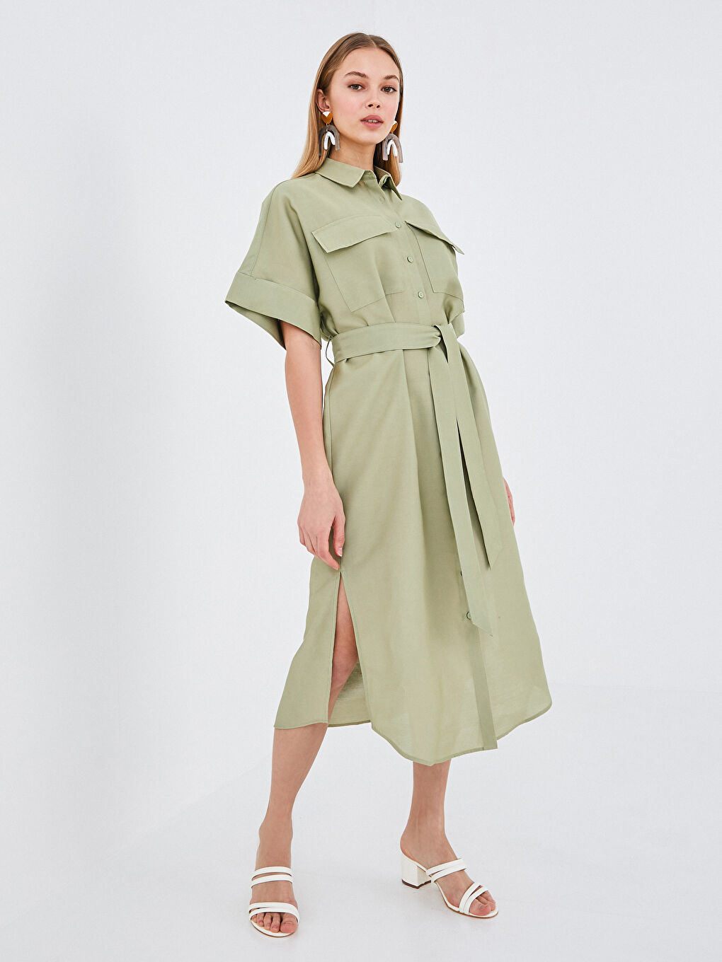 Shirt Collar Waist Belted Short Sleeve Women Dress-4