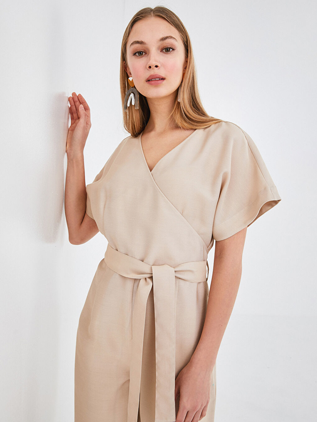 Double Breasted V Neck Waist Belted Short Sleeve Women Jumpsuit-3