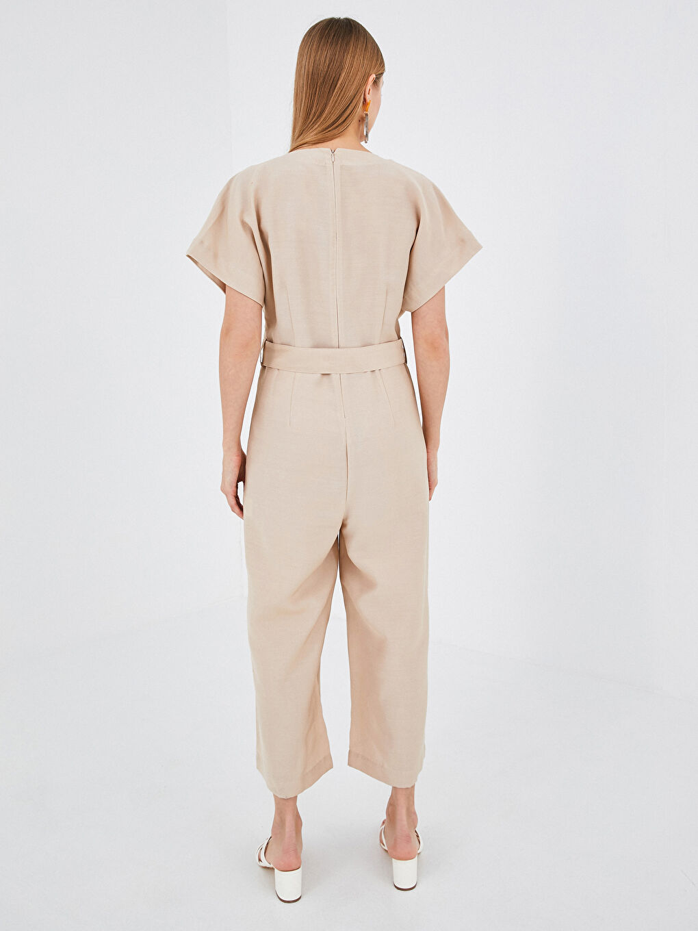 Double Breasted V Neck Waist Belted Short Sleeve Women Jumpsuit-5