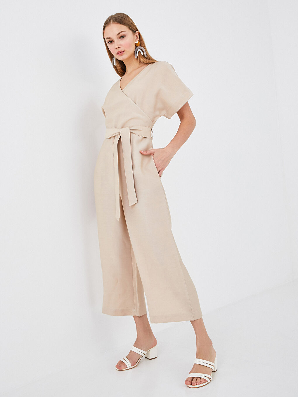 Double Breasted V Neck Waist Belted Short Sleeve Women Jumpsuit