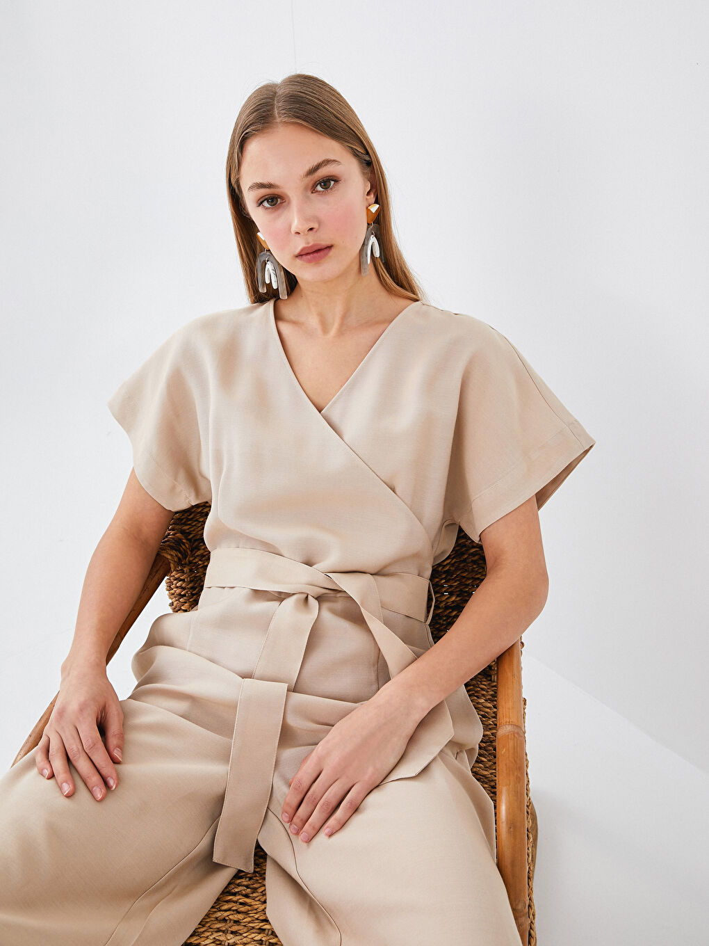 Double Breasted V Neck Waist Belted Short Sleeve Women Jumpsuit-1