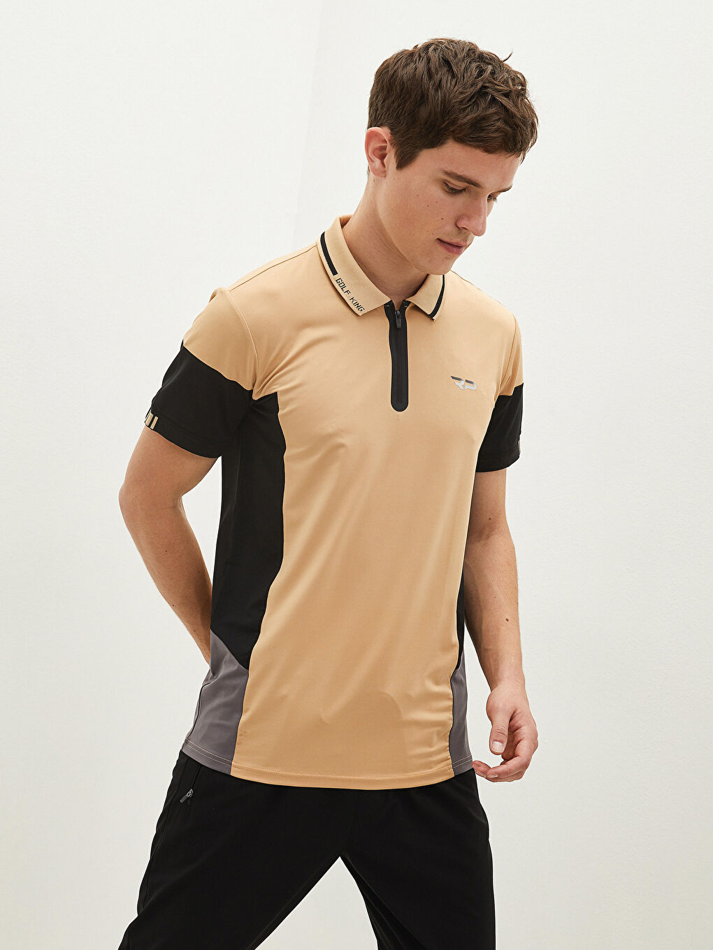 Bej Polo Yaka Kısa Kollu Aktif Spor Erkek Tişört-1