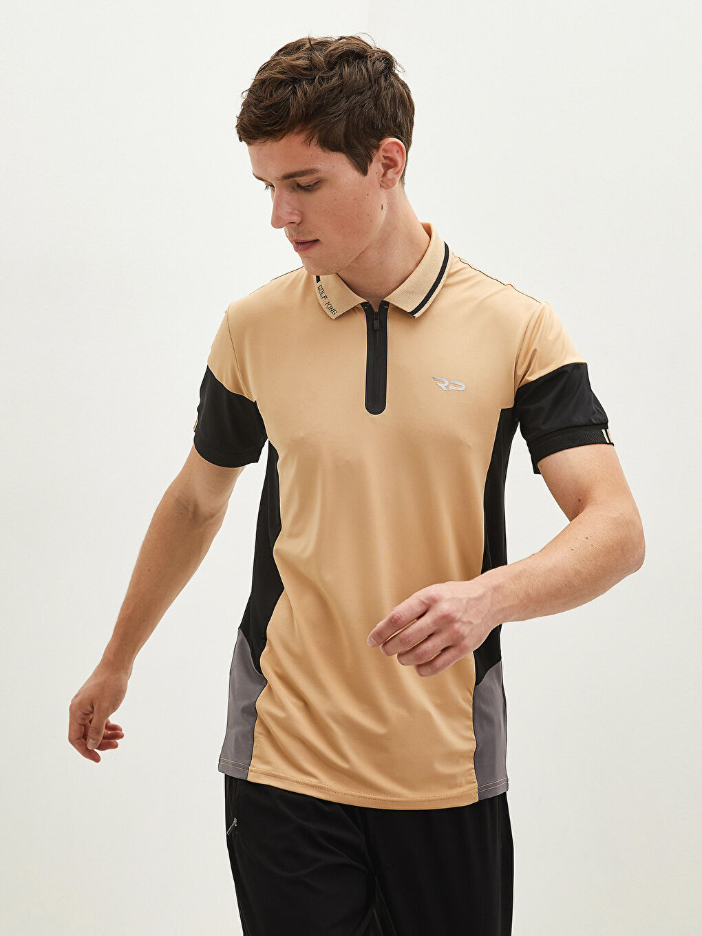 Bej Polo Yaka Kısa Kollu Aktif Spor Erkek Tişört-3