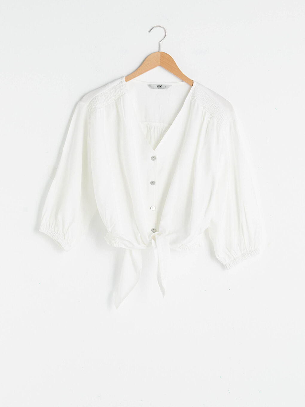 Beyaz V Yaka Düğmeli Bağlama Detaylı Crop Kadın Bluz-5