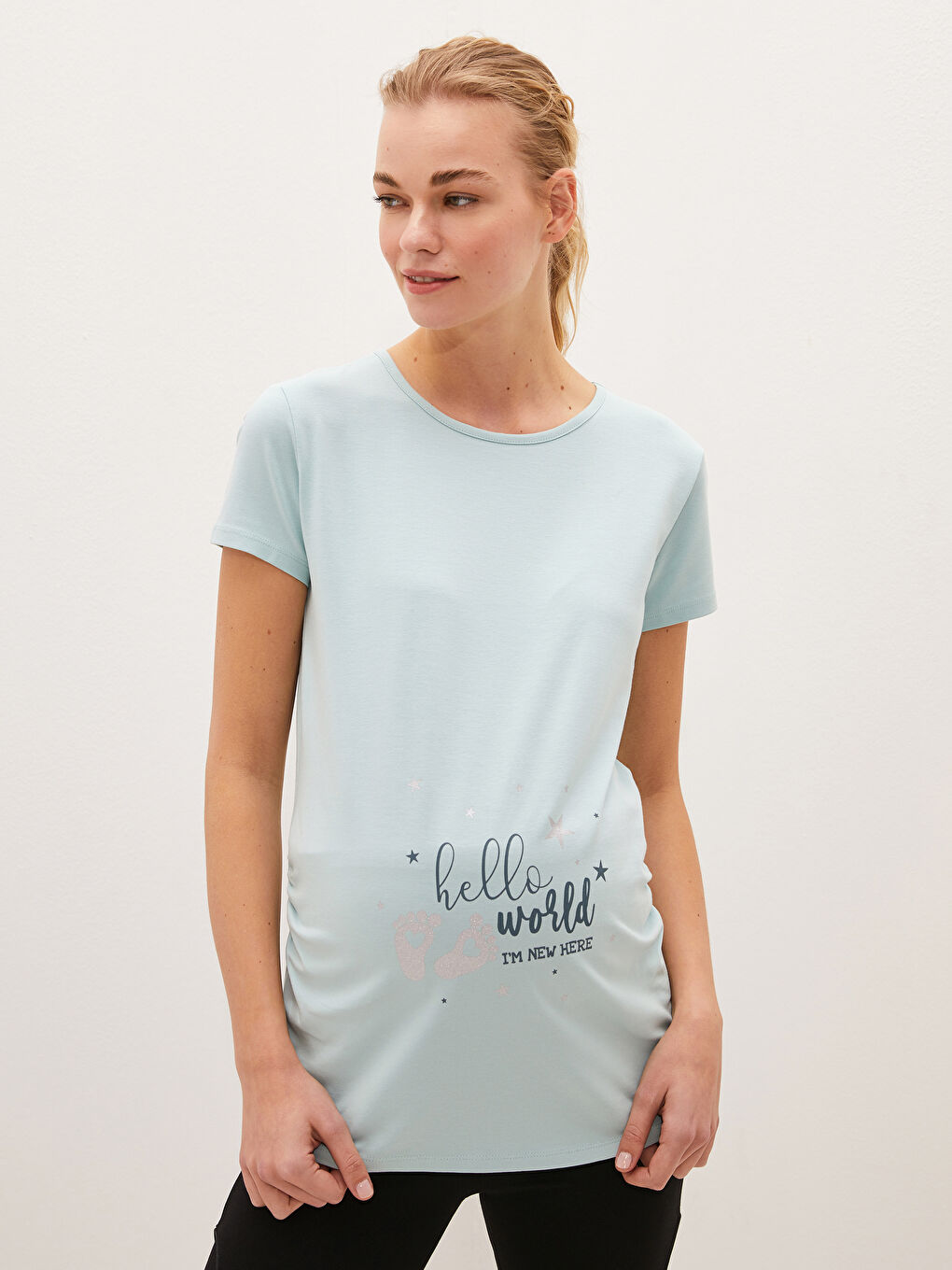 Yeşil Bisiklet Yaka Baskılı Kısa Kollu Pamuklu Hamile Tişört