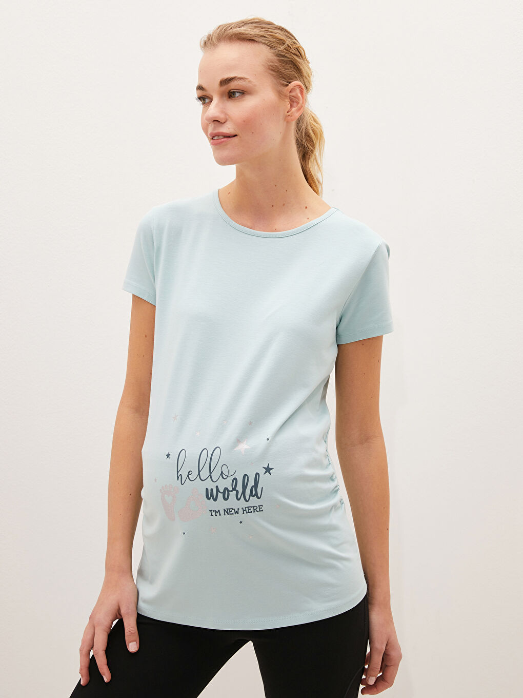 Yeşil Bisiklet Yaka Baskılı Kısa Kollu Pamuklu Hamile Tişört-1