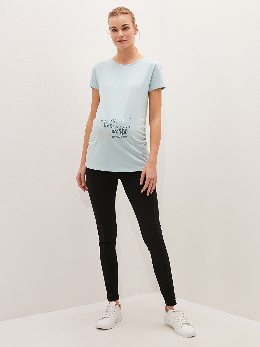 Yeşil Bisiklet Yaka Baskılı Kısa Kollu Pamuklu Hamile Tişört-3