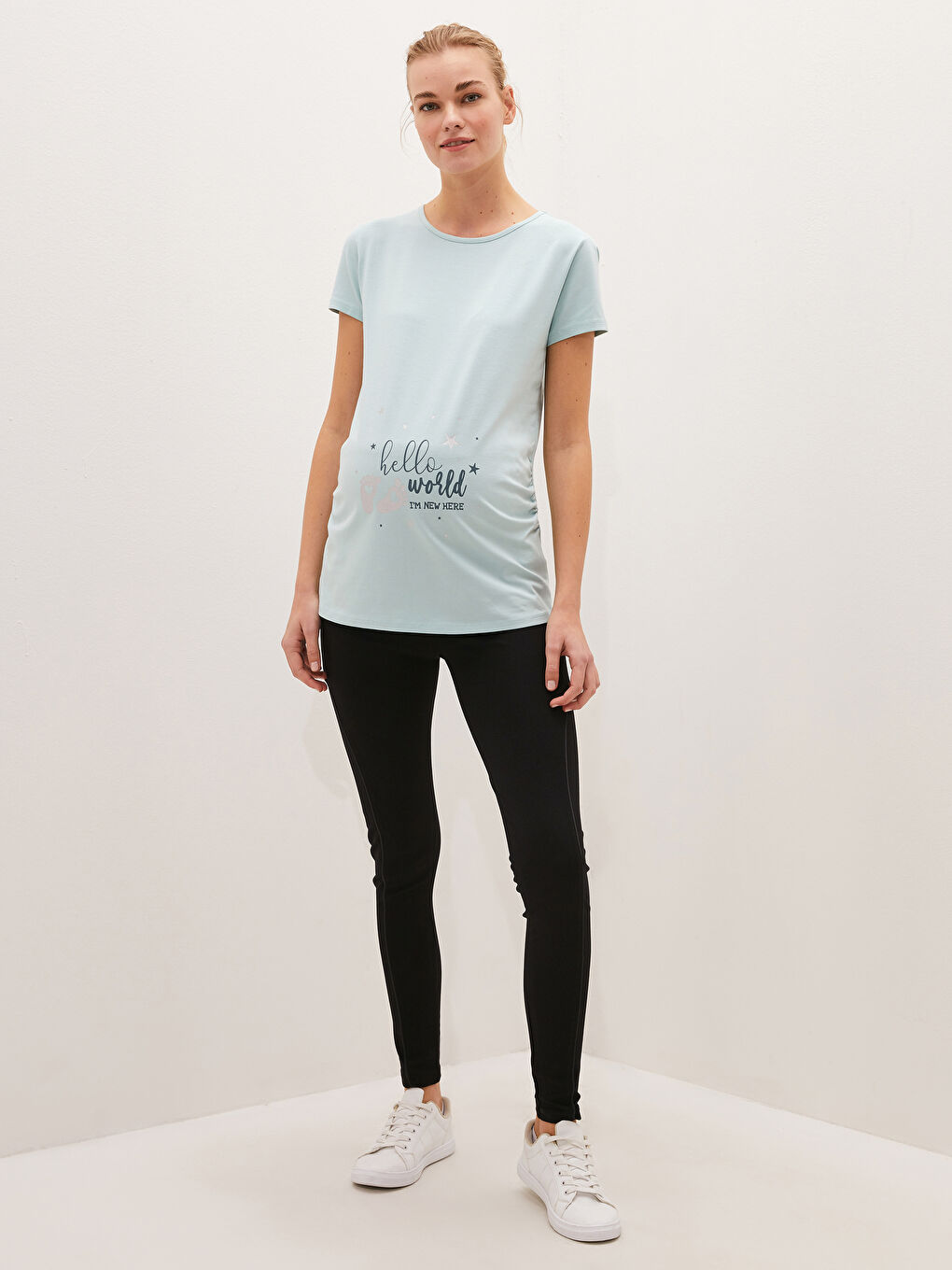 Yeşil Bisiklet Yaka Baskılı Kısa Kollu Pamuklu Hamile Tişört-4