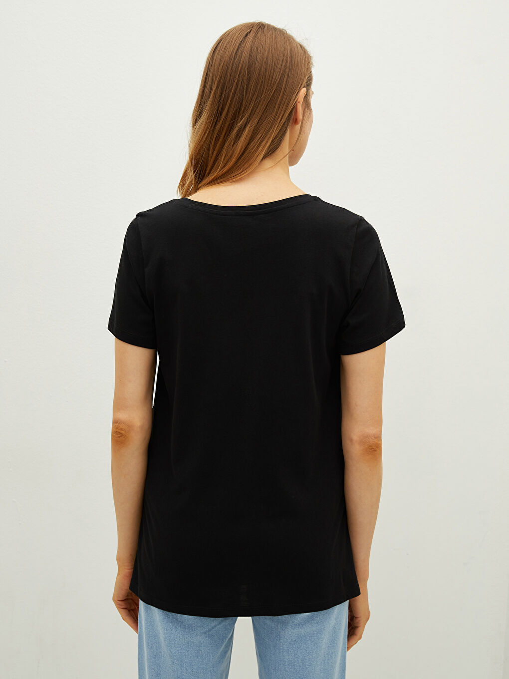 Siyah V Yaka Düz Kısa Kollu Pamuklu Hamile Tişört-4
