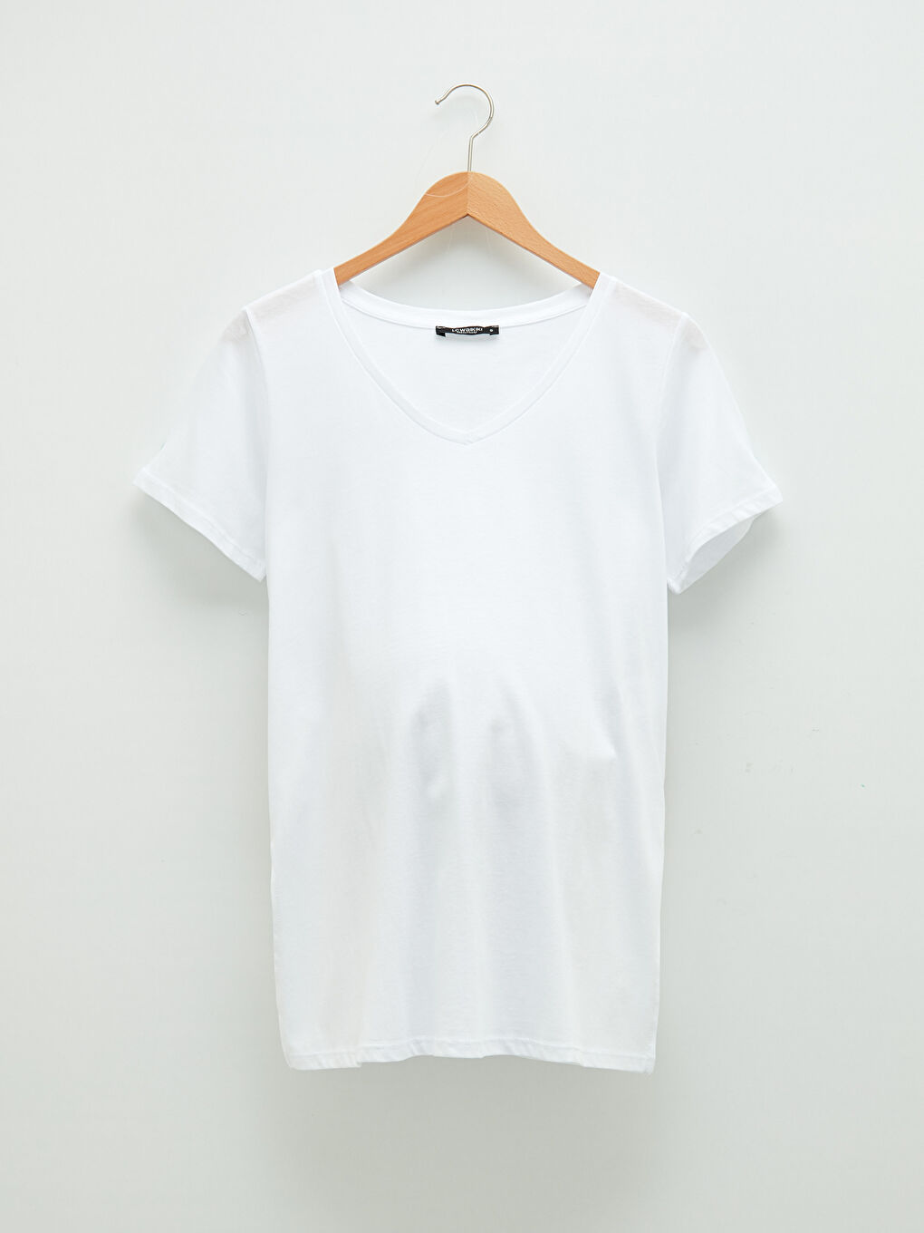 Beyaz V Yaka Düz Kısa Kollu Pamuklu Hamile Tişört-6