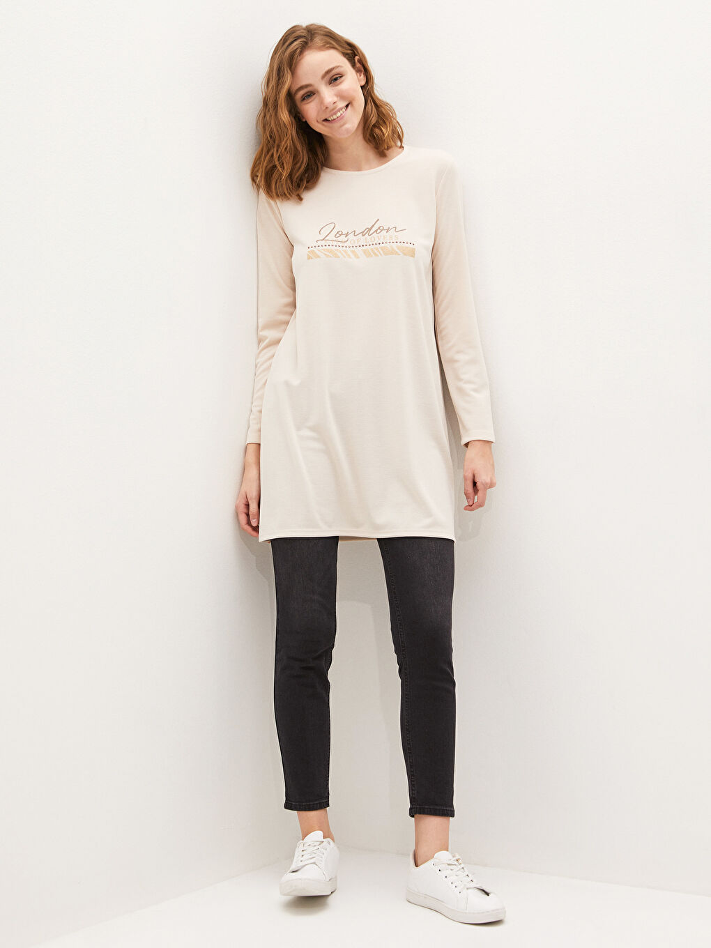 Crew Neck Printed Long Sleeve Women's Tunic-1