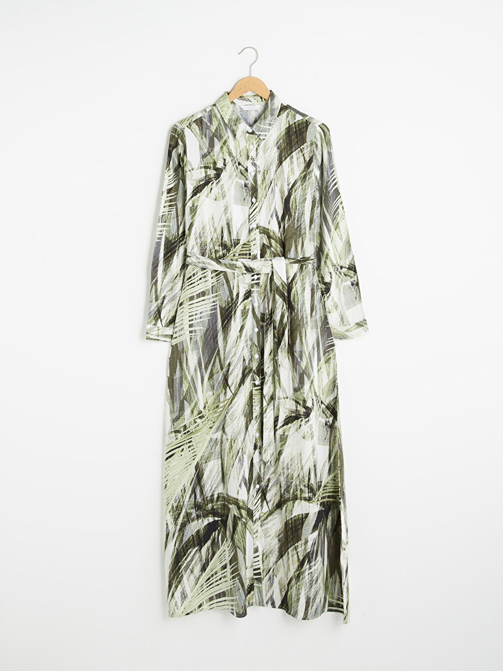 Patterned Long Sleeve Waist Belted Viscose Women's Shirt Dress-5