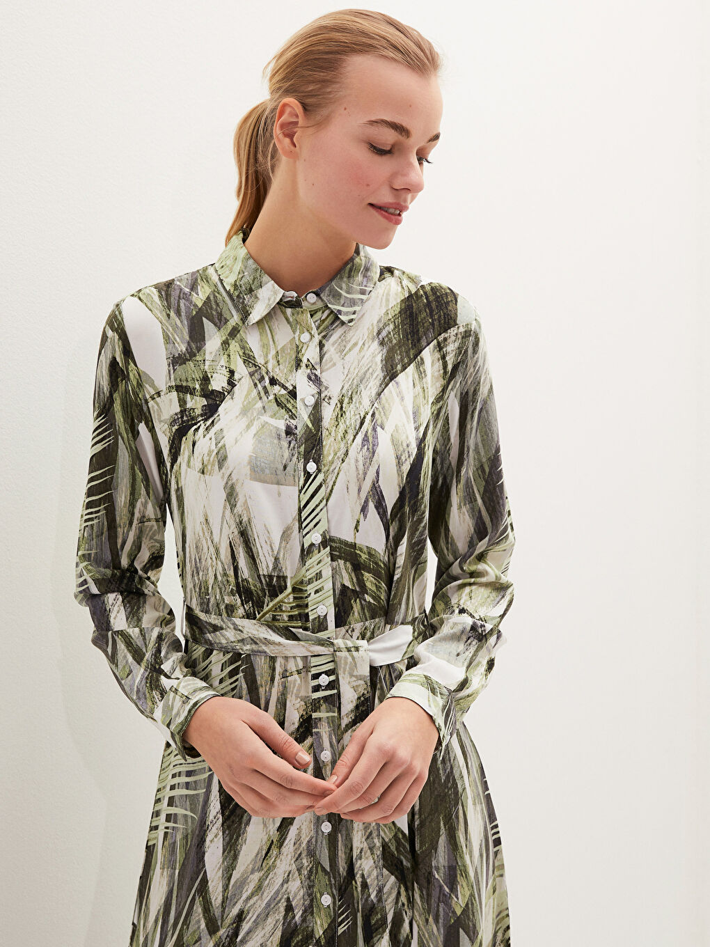 Patterned Long Sleeve Waist Belted Viscose Women's Shirt Dress-1