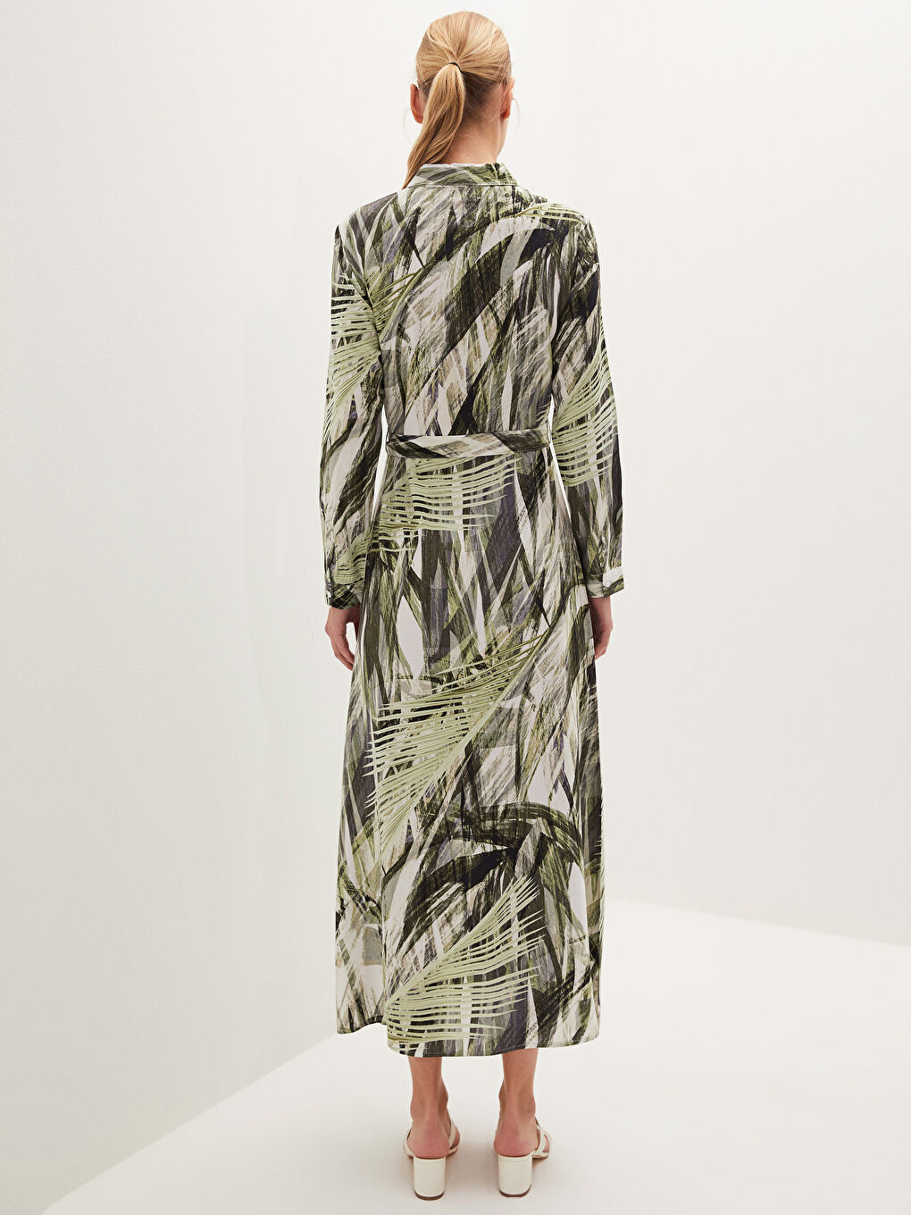 Patterned Long Sleeve Waist Belted Viscose Women's Shirt Dress-3