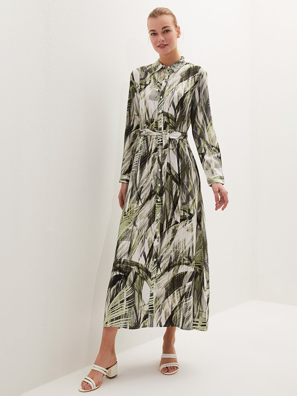 Patterned Long Sleeve Waist Belted Viscose Women's Shirt Dress-4