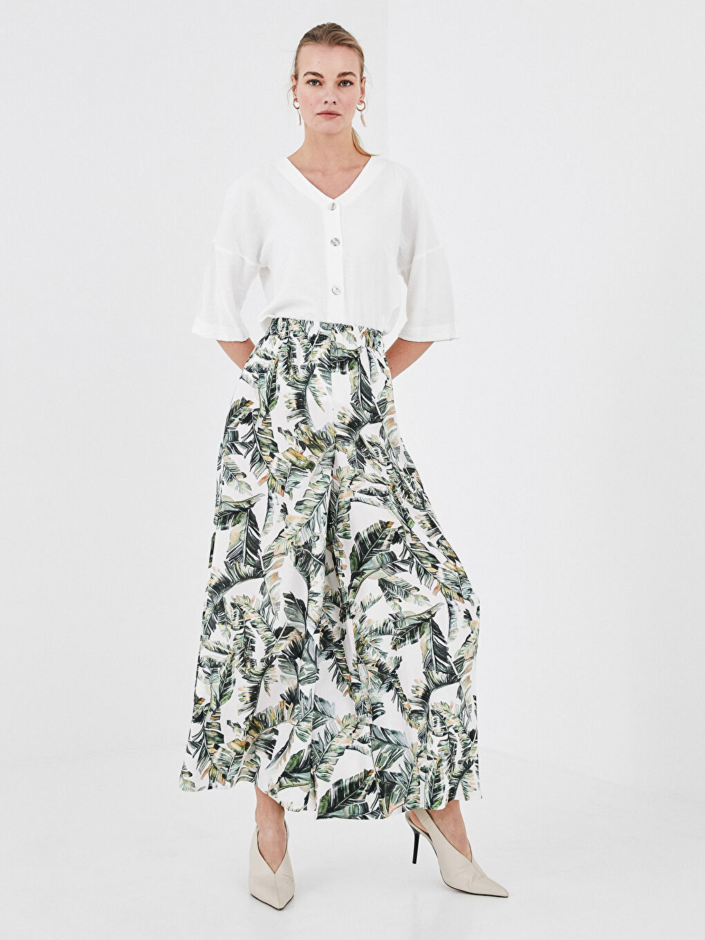 Elastic Waist Patterned Viscose Women Pants Skirt-7